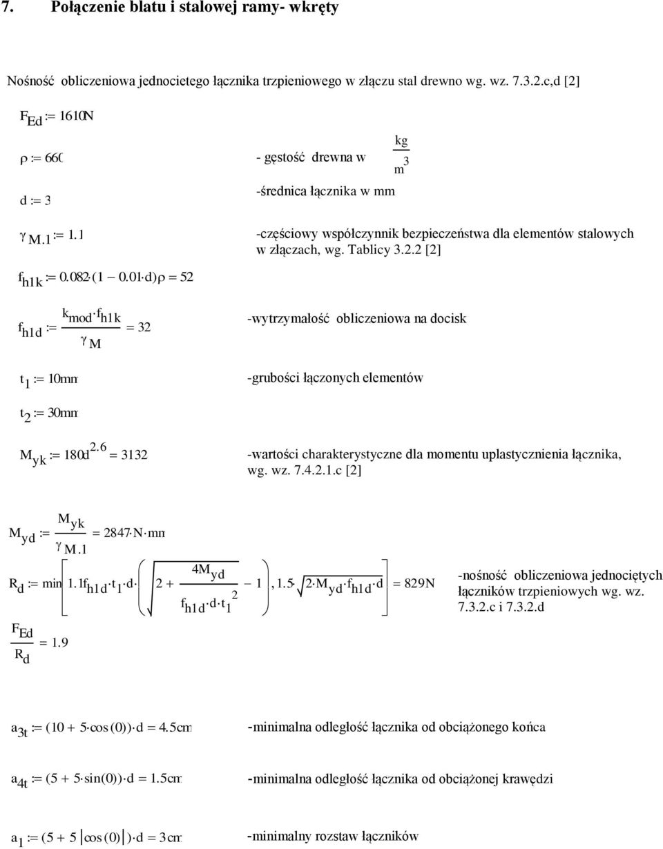 01 d) 52 f h1d k mod f h1k 32 M -wytrzymałość obliczeniowa na docisk t 1 10mm -grubości łączonych elementów t 2 30mm M yk 180d 2.