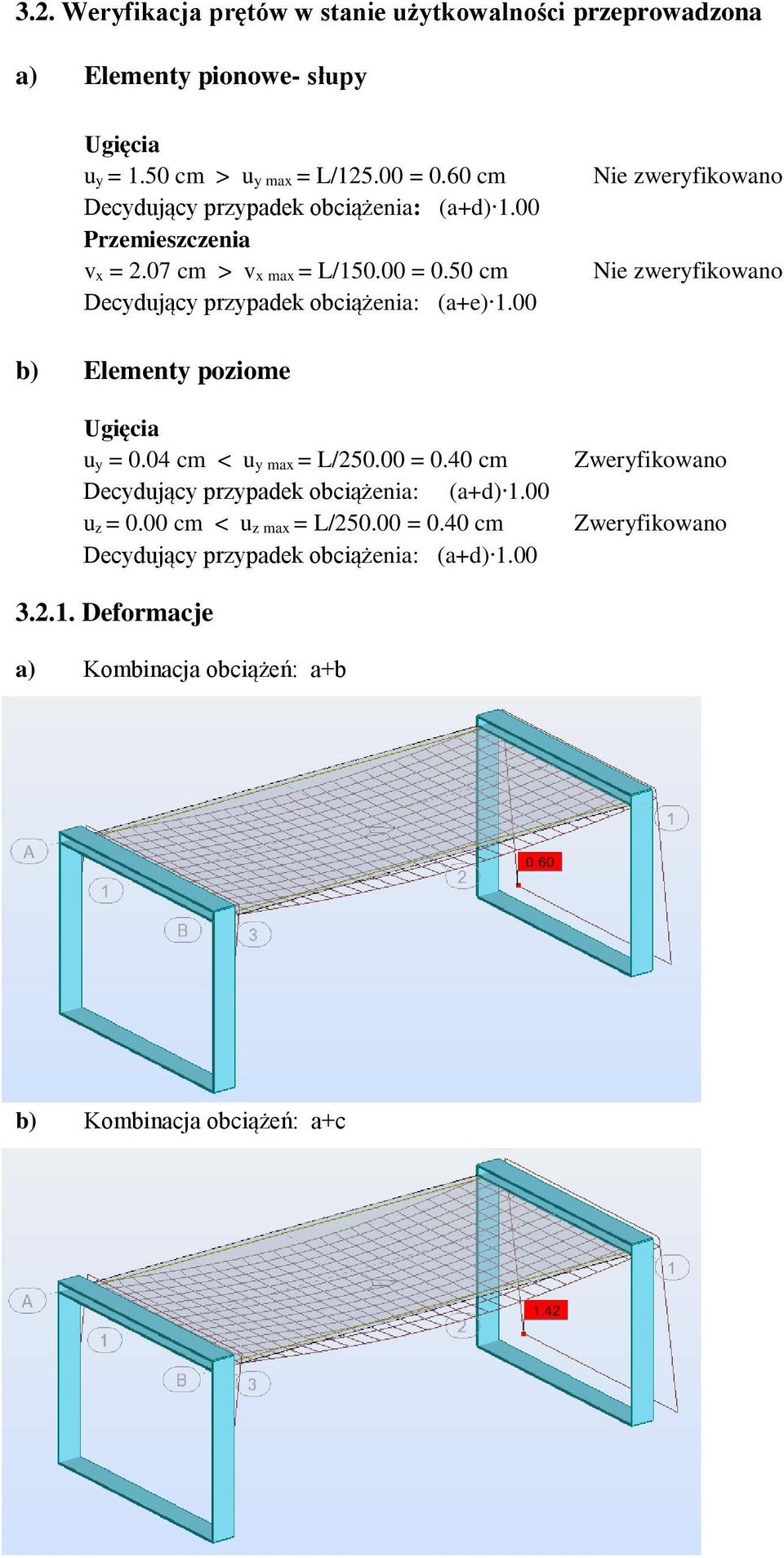 00 Nie zweryfikowano Nie zweryfikowano b) Elementy poziome Ugięcia u y = 0.04 cm < u y max = L/250.00 = 0.40 cm Decydujący przypadek obciążenia: (a+d) 1.