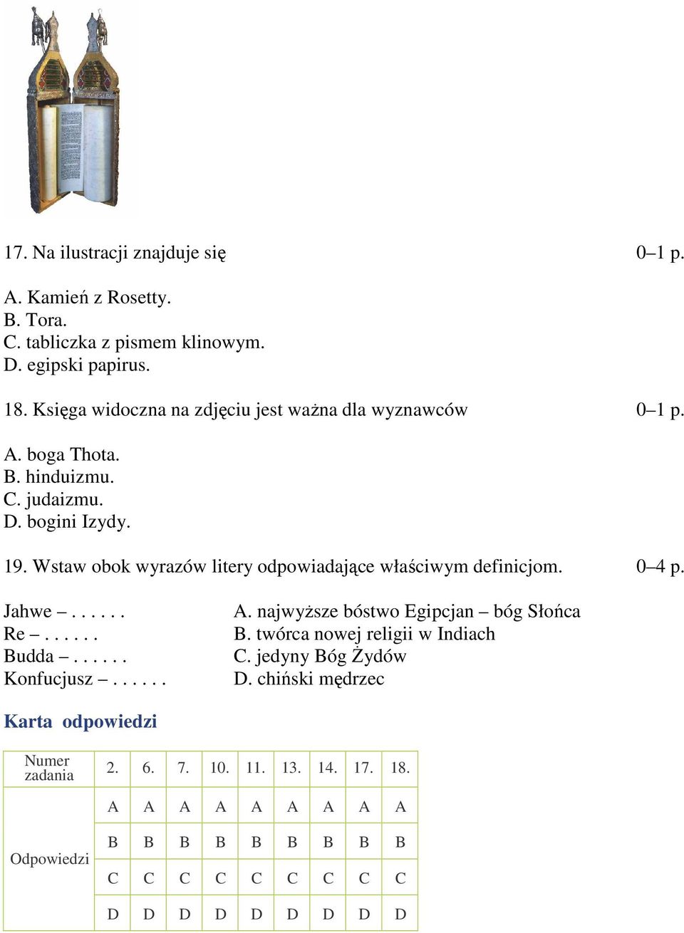Wstaw obok wyrazów litery odpowiadające właściwym definicjom. 0 4 p. Jahwe...... Re...... Budda...... Konfucjusz...... A.