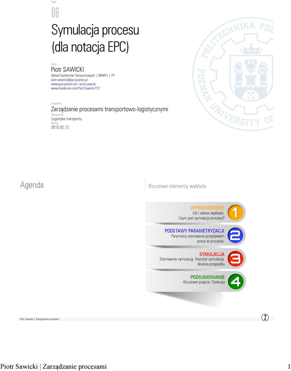02.12 Agenda Kluczowe elementy wykładu WPROWADZENIE Cel i zakres wykładu. Czym jest symulacja procesu?