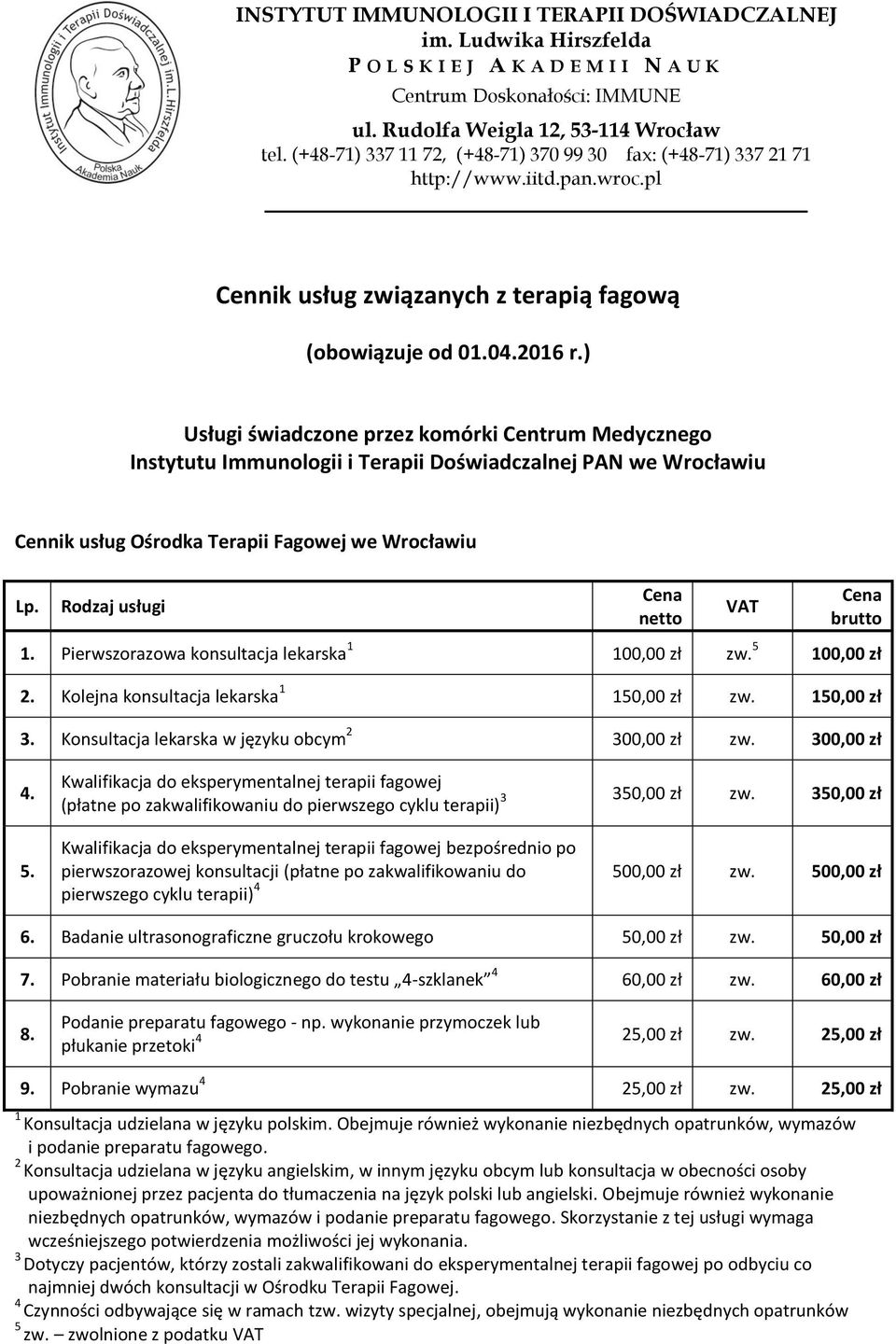 ) Usługi świadczone przez komórki Centrum Medycznego Instytutu Immunologii i Terapii Doświadczalnej PAN we Wrocławiu Cennik usług Ośrodka Terapii Fagowej we Wrocławiu.