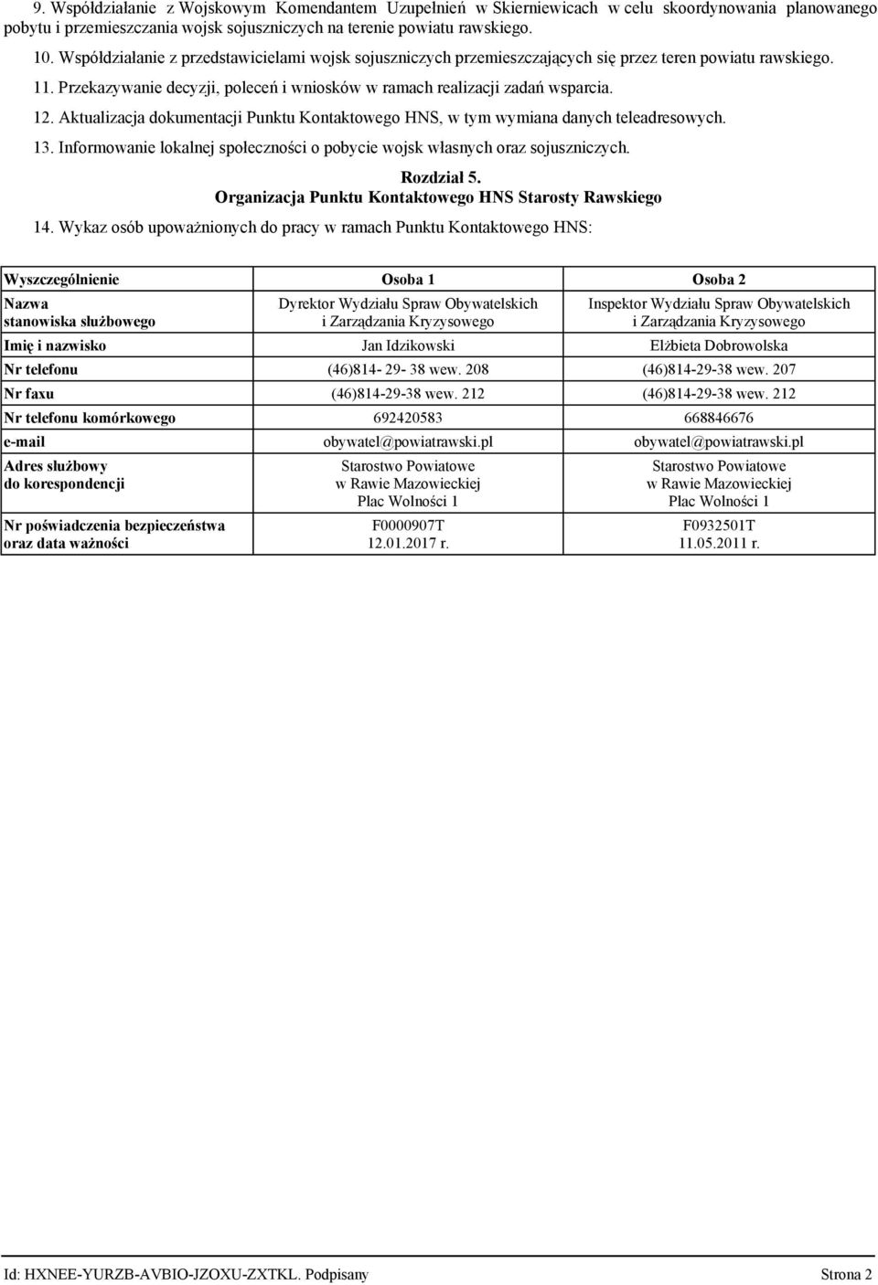 Aktualizacja dokumentacji Punktu Kontaktowego HNS, w tym wymiana danych teleadresowych. 13. Informowanie lokalnej społeczności o pobycie wojsk własnych oraz sojuszniczych. Rozdział 5.