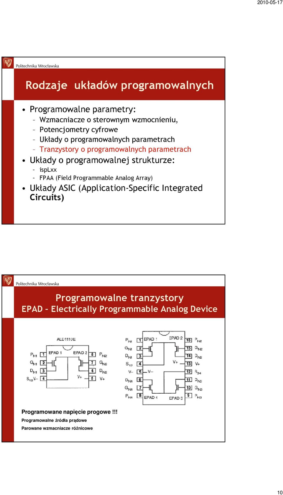 Programmable Analog Array) Układy ASIC (Application-Specific Integrated Circuits) Programowalne tranzystory EPAD