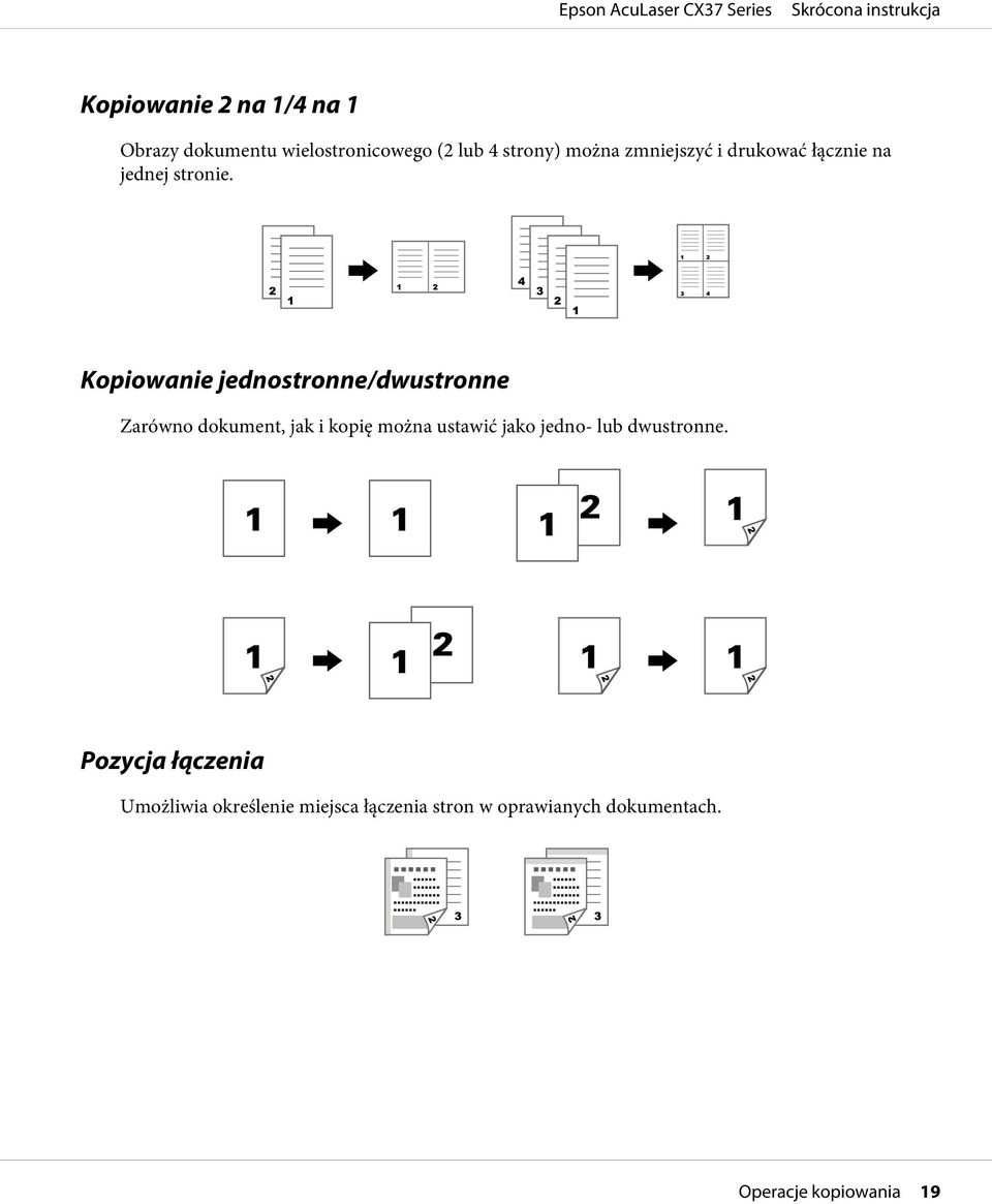 Kopiowanie jednostronne/dwustronne Zarówno dokument, jak i kopię można ustawić jako