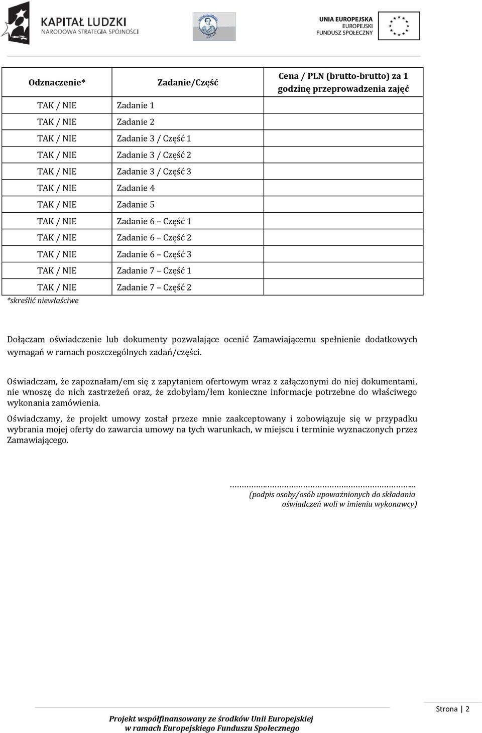 godzinę przeprowadzenia zajęć Dołączam oświadczenie lub dokumenty pozwalające ocenić Zamawiającemu spełnienie dodatkowych wymagań w ramach poszczególnych zadań/części.