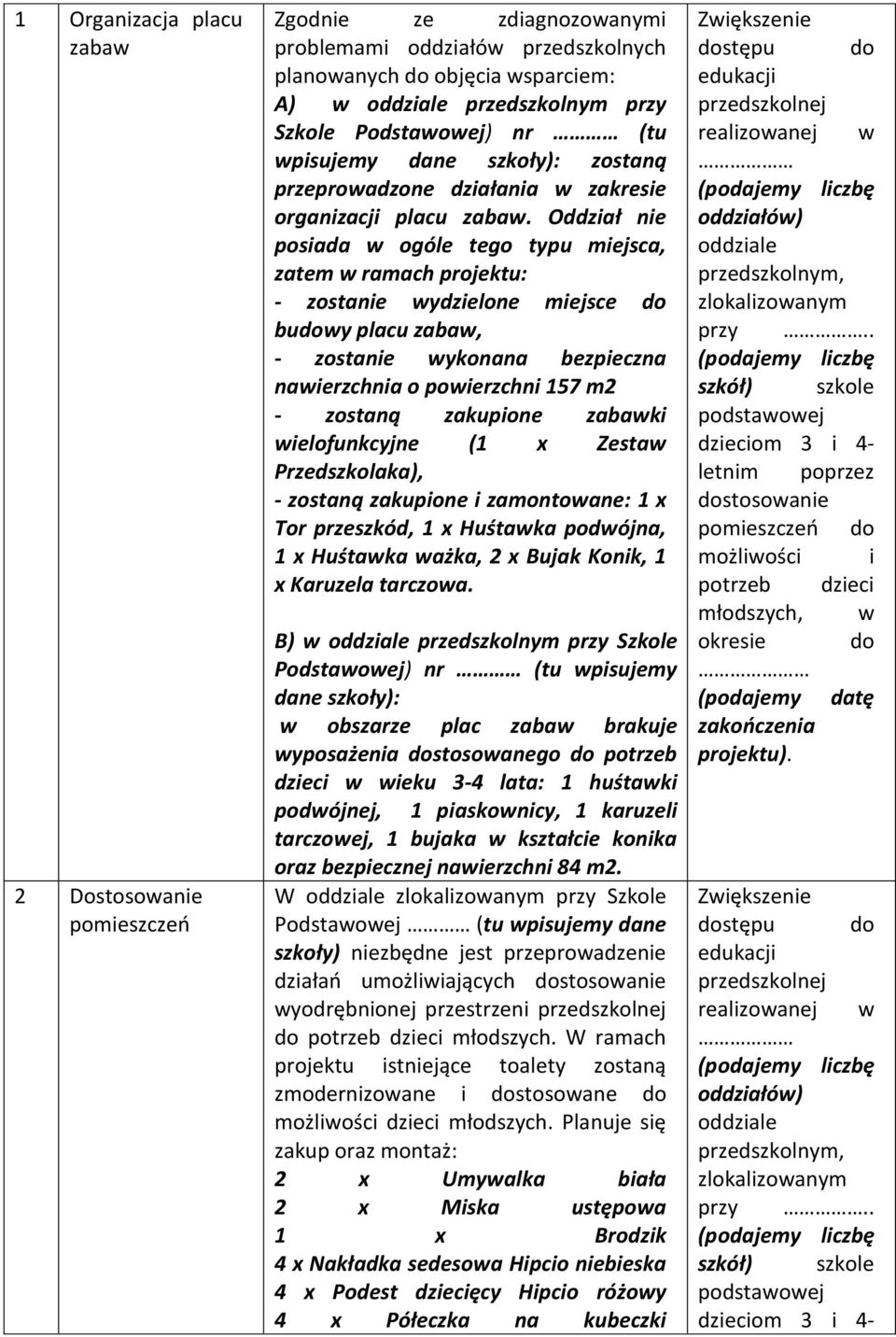 Oddział nie posiada w ogóle tego typu miejsca, zatem w ramach projektu: - zostanie wydzielone miejsce do budowy placu zabaw, - zostanie wykonana bezpieczna nawierzchnia o powierzchni 157 m2 - zostaną