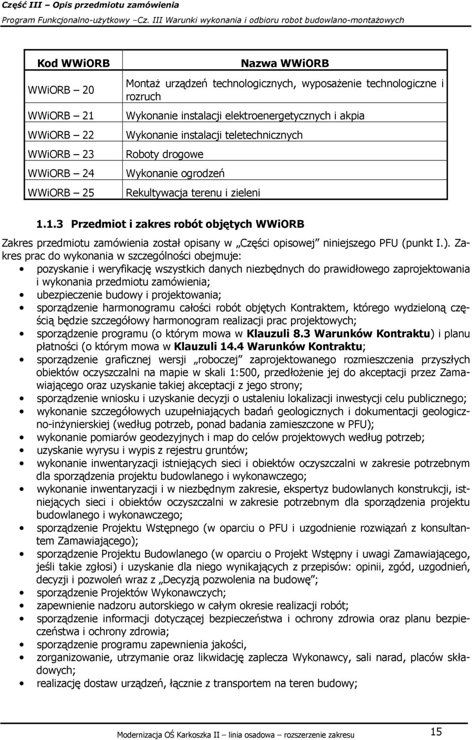 1.3 Przedmiot i zakres robót objętych WWiORB Zakres przedmiotu zamówienia został opisany w Części opisowej niniejszego PFU (punkt I.).