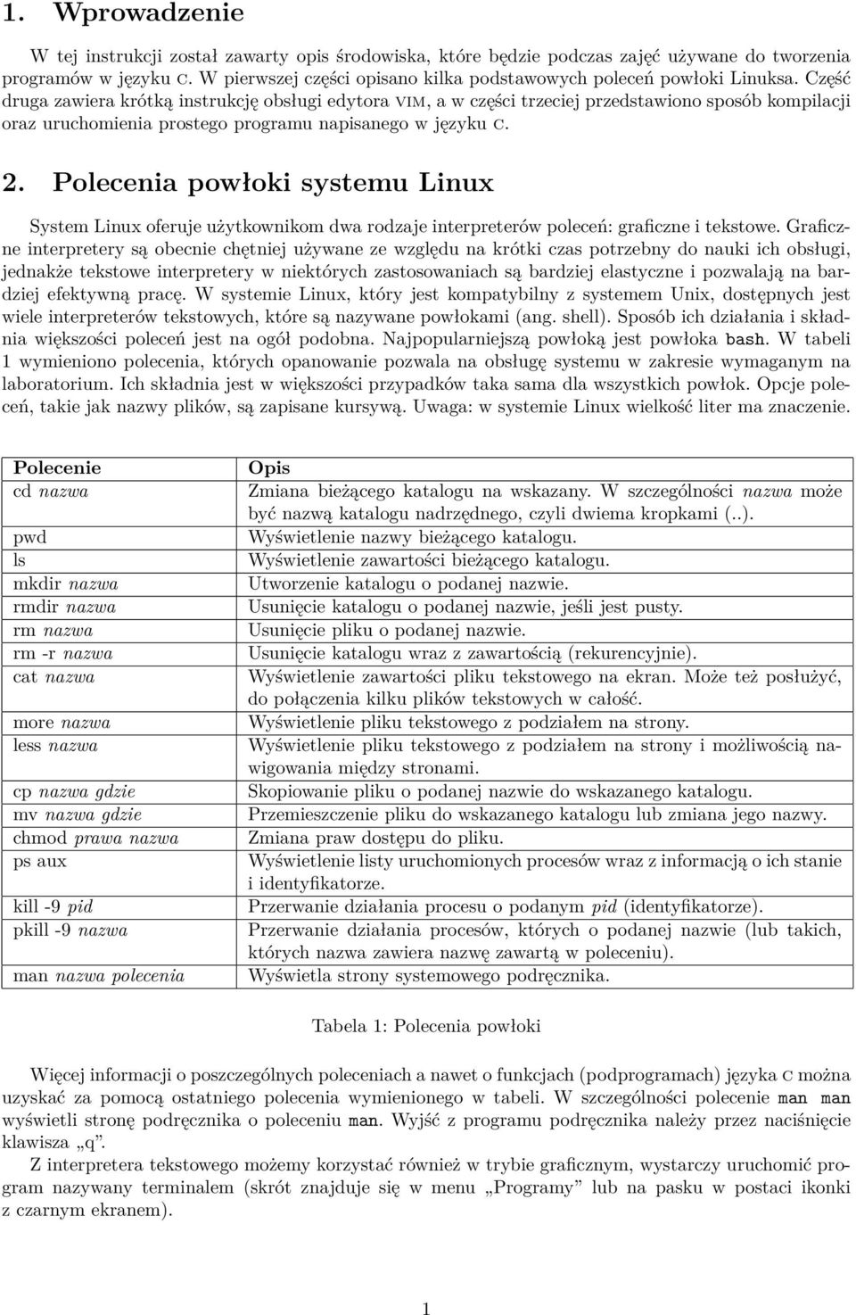 Część druga zawiera krótką instrukcję obsługi edytora vim, a w części trzeciej przedstawiono sposób kompilacji oraz uruchomienia prostego programu napisanego w języku c. 2.