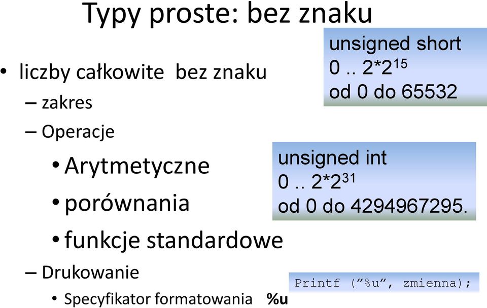 Specyfikator formatowania %u unsigned short 0.