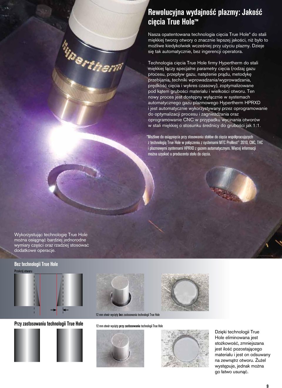 Technologia cięcia True Hole firmy Hypertherm do stali miękkiej łączy specjalne parametry cięcia (rodzaj gazu procesu, przepływ gazu, natężenie prądu, metodykę przebijania, techniki