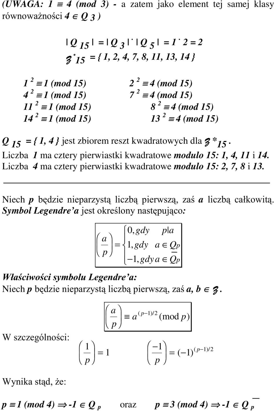 kwadratowych dla =* 15. Liczba 1 ma cztery pierwiastki kwadratowe modulo 15: 1, 4, 11 i 14. Liczba 4 ma cztery pierwiastki kwadratowe modulo 15: 2, 7, 8 i 13.