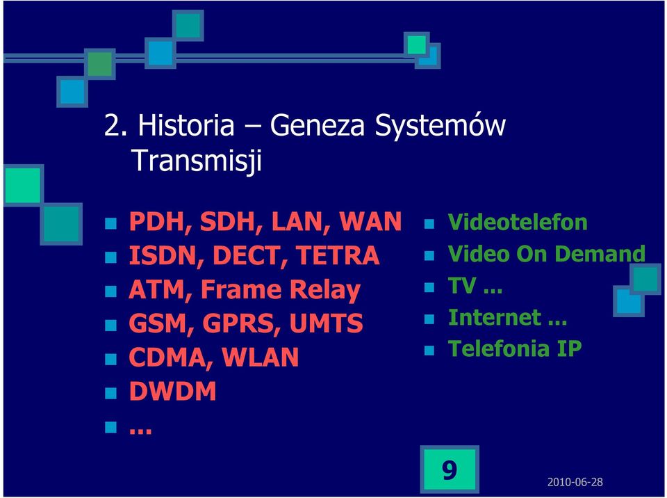 Relay GSM, GPRS, UMTS CDMA, WLAN DWDM.