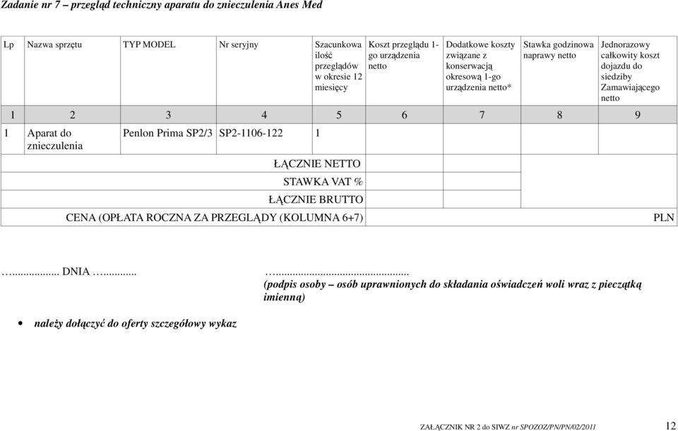Penlon Prima SP2/3 SP2-1106-122 1 należy dołączyć do oferty