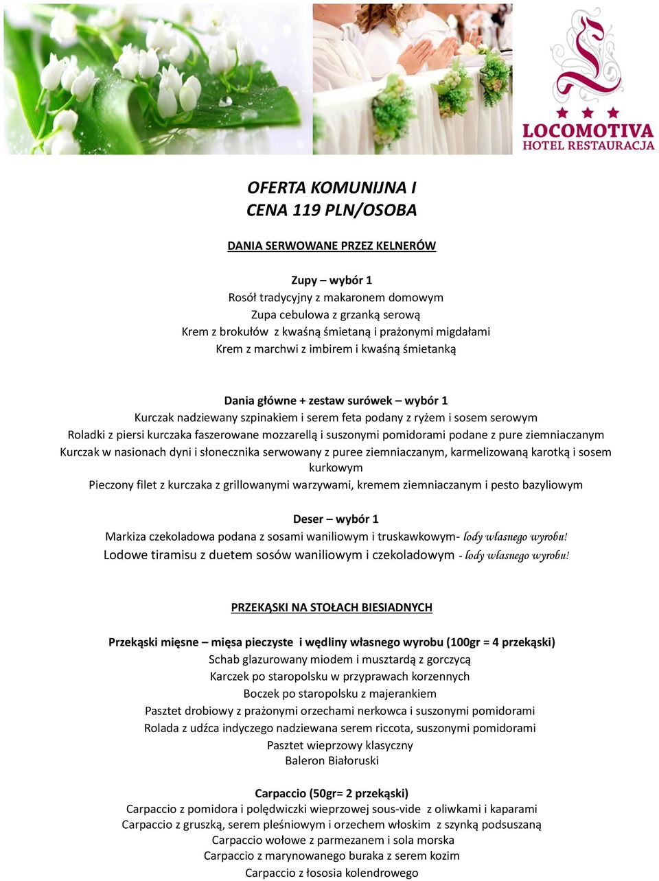 nasionach dyni i słonecznika serwowany z puree ziemniaczanym, karmelizowaną karotką i sosem kurkowym Pieczony filet z kurczaka z grillowanymi warzywami, kremem ziemniaczanym i pesto bazyliowym