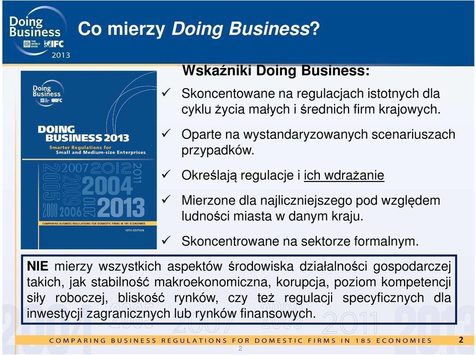 Określają regulacje i ich wdrażanie Mierzone dla najliczniejszego pod względem ludności miasta w danym kraju. Skoncentrowane na sektorze formalnym.