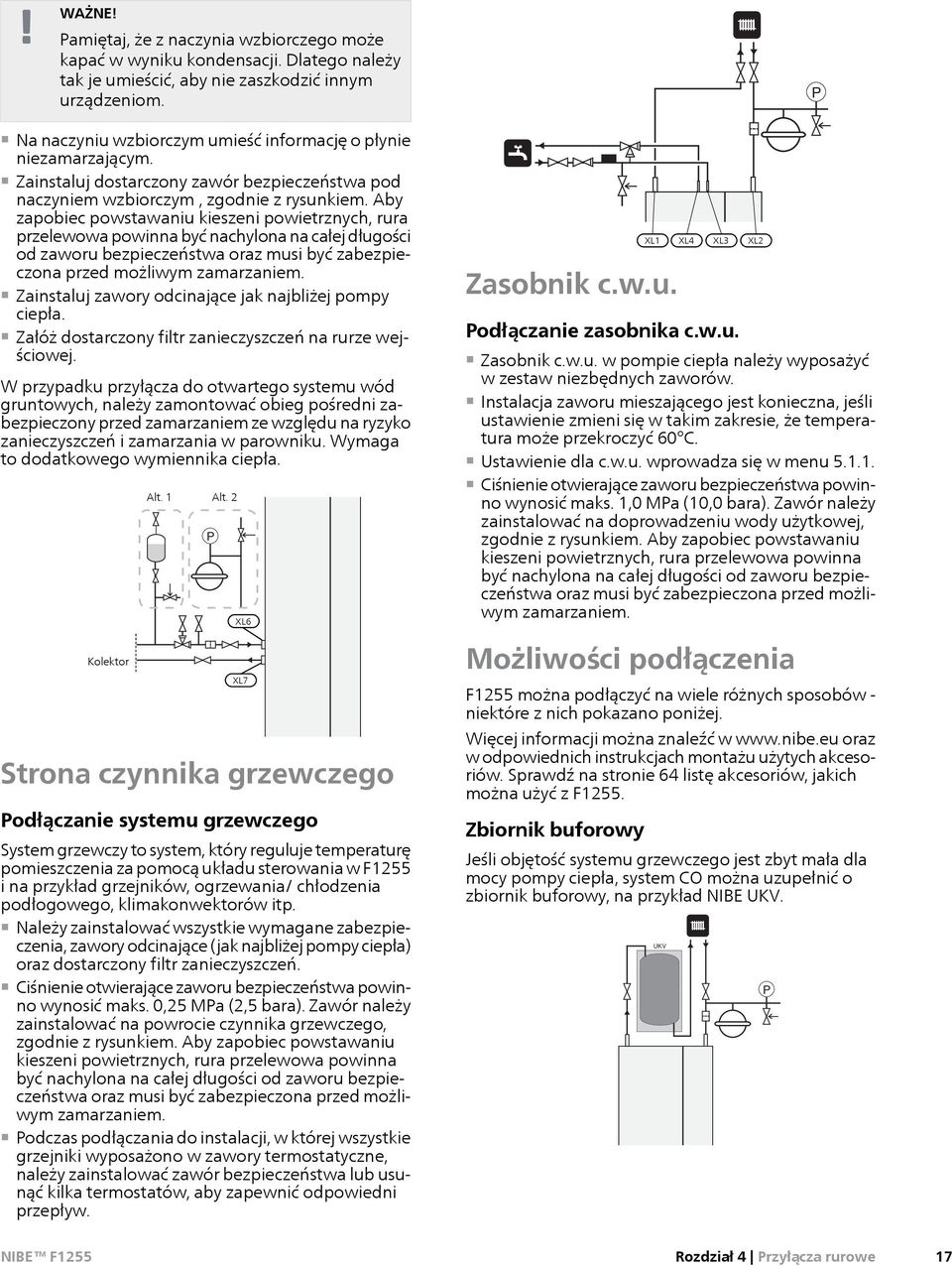Aby zapobiec powstawaniu kieszeni powietrznych, rura przelewowa powinna być nachyla na całej długości od zaworu bezpieczeństwa oraz musi być zabezpiecza przed możliwym zamarzaniem.