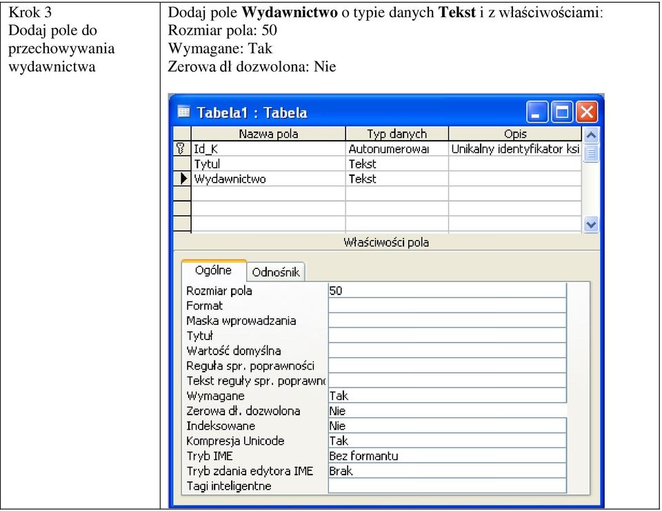 typie danych Tekst i z właściwościami: