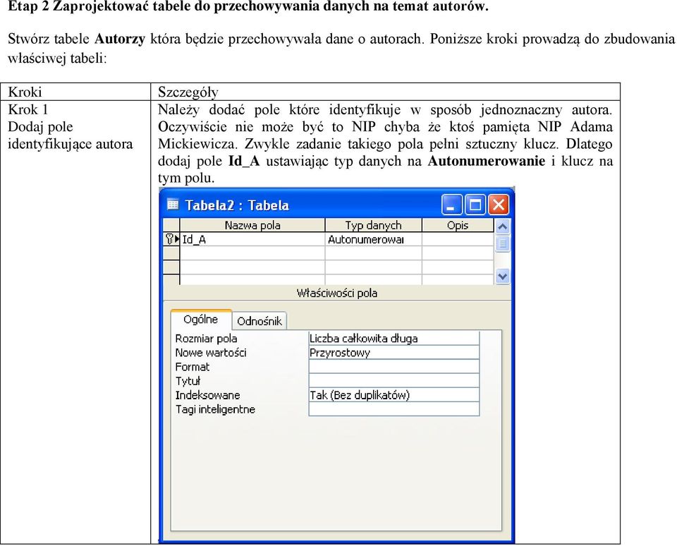 Poniższe kroki prowadzą do zbudowania właściwej tabeli: Kroki Krok 1 Dodaj pole identyfikujące autora Szczegóły Należy dodać pole