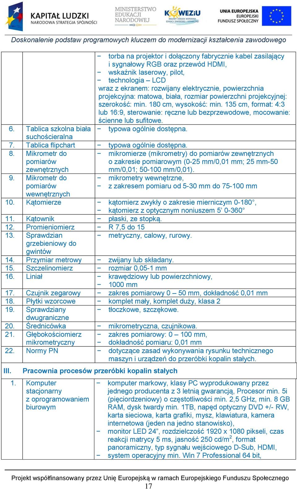 135 cm, format: 4:3 lub 16:9, sterowanie: ręczne lub bezprzewodowe, mocowanie: ścienne lub sufitowe. 6. Tablica szkolna biała typowa ogólnie dostępna. suchościeralna 7.