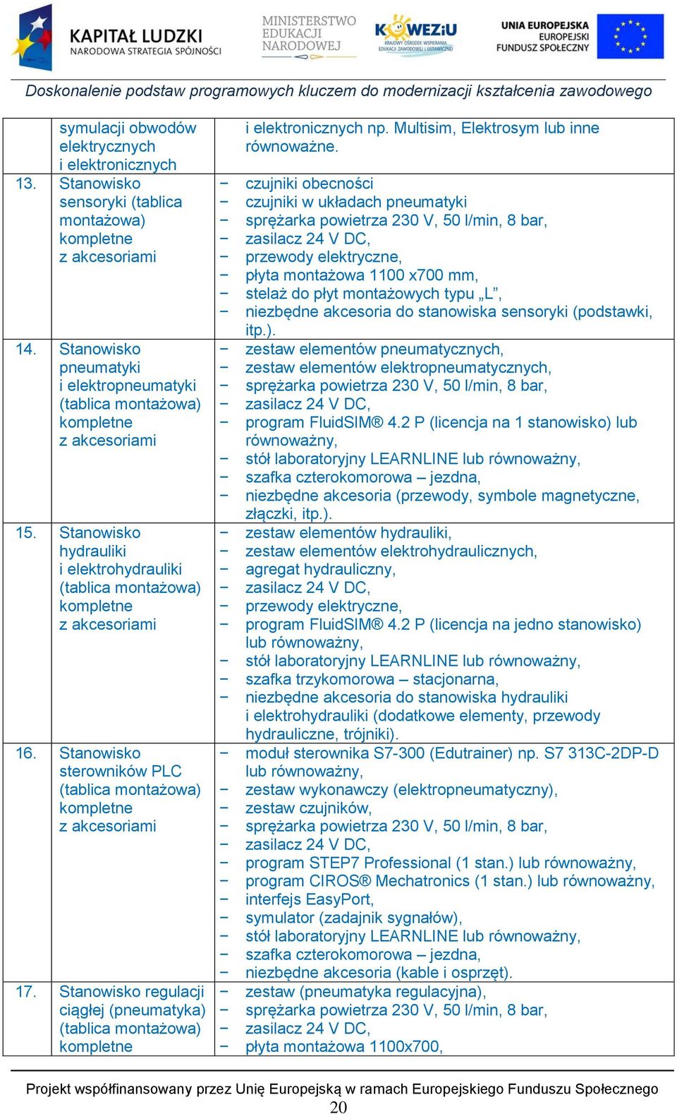Stanowisko sterowników PLC (tablica montażowa) kompletne z akcesoriami 17. Stanowisko regulacji ciągłej (pneumatyka) (tablica montażowa) kompletne i elektronicznych np.