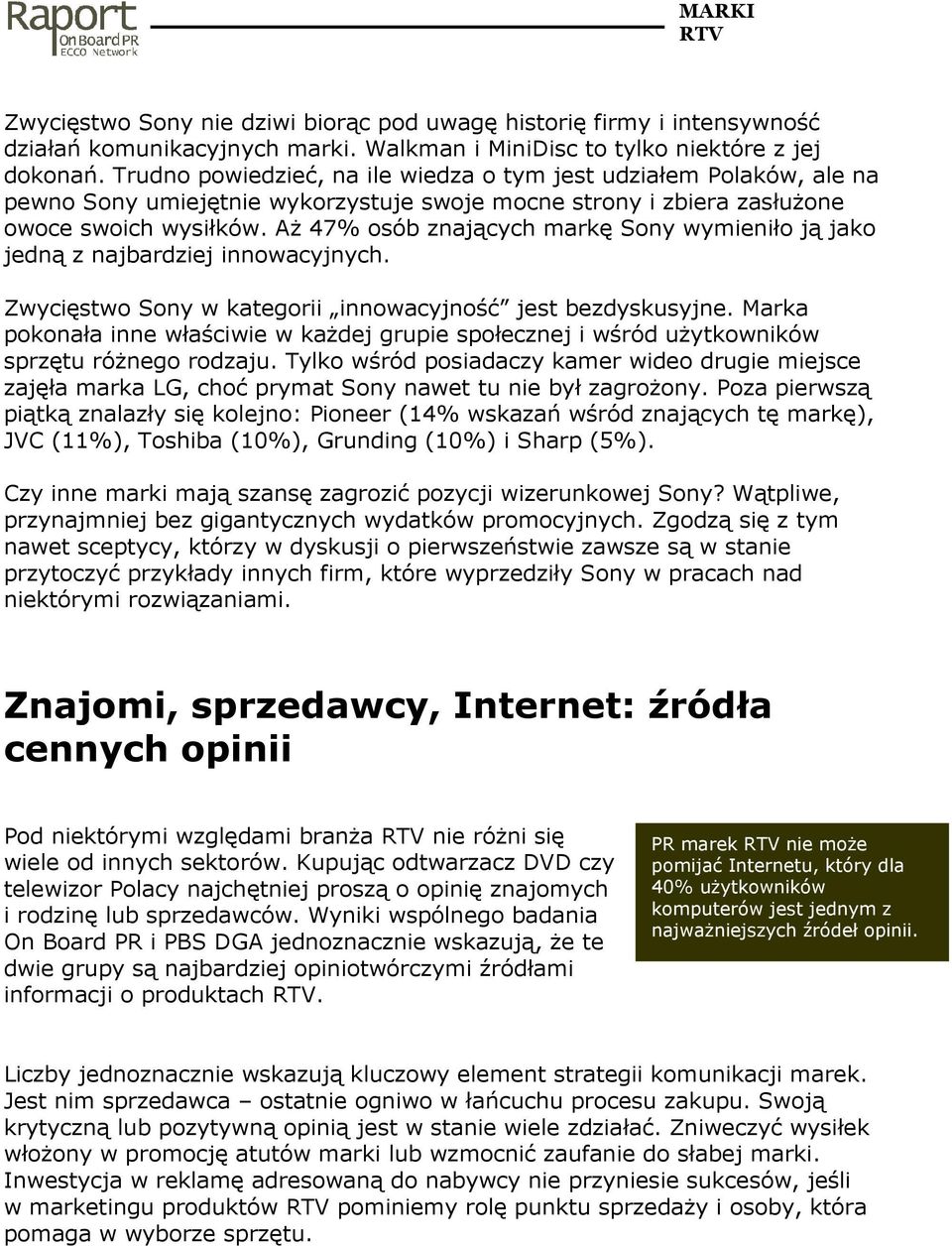 AŜ 47% osób znających markę Sony wymieniło ją jako jedną z najbardziej innowacyjnych. Zwycięstwo Sony w kategorii innowacyjność jest bezdyskusyjne.