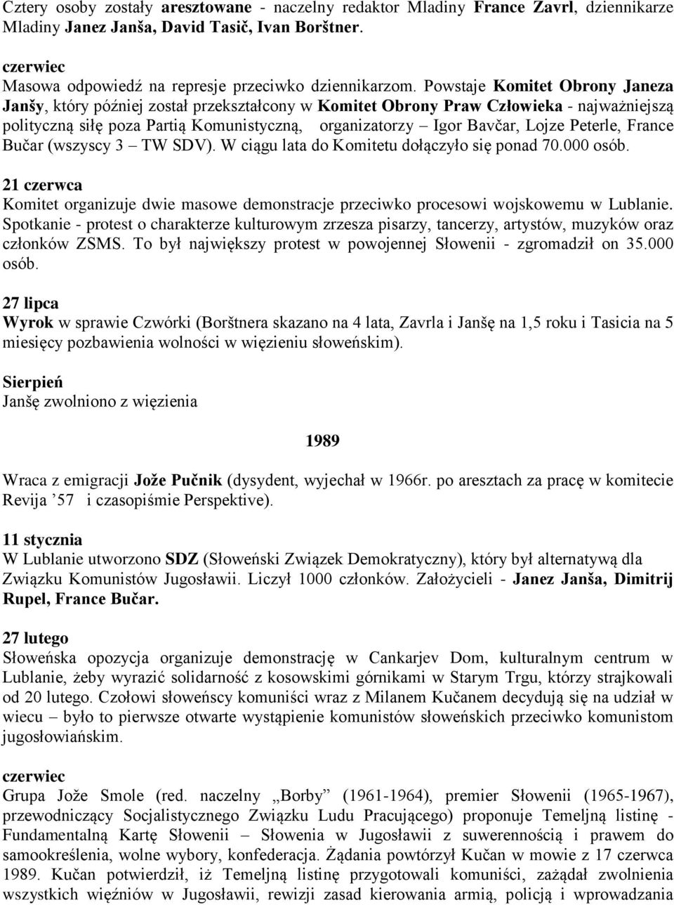 Peterle, France Bučar (wszyscy 3 TW SDV). W ciągu lata do Komitetu dołączyło się ponad 70.000 osób. 21 czerwca Komitet organizuje dwie masowe demonstracje przeciwko procesowi wojskowemu w Lublanie.