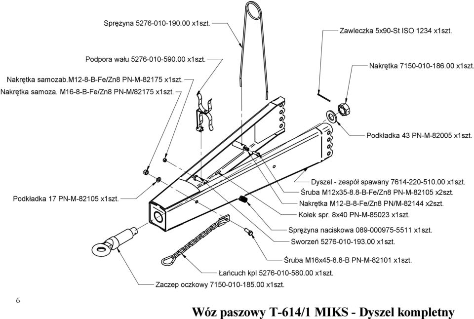 Dyszel - zespół spawany 7614-220-510.00 x1szt. Śruba M12x35-8.8-B-Fe/Zn8 PN-M-82105 x2szt. Nakrętka M12-B-8-Fe/Zn8 PN/M-82144 x2szt. Kołek spr. 8x40 PN-M-85023 x1szt.