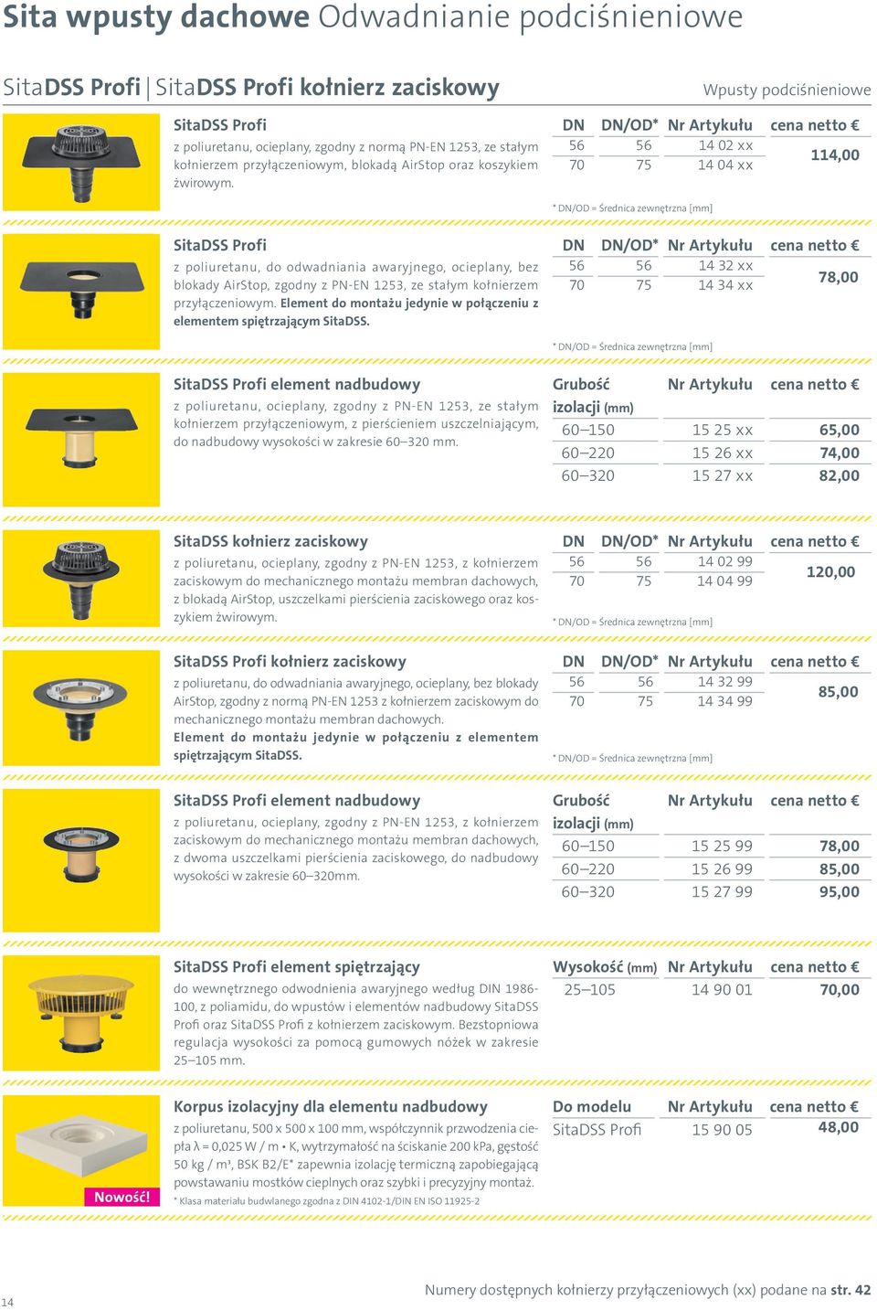 Wpusty podciśnieniowe DN DN/OD* Nr Artykułu cena netto 56 56 14 02 xx 70 75 14 04 xx 114,00 SitaDSS Profi z poliuretanu, do odwadniania awaryjnego, ocieplany, bez blokady AirStop, zgodny z PN-EN