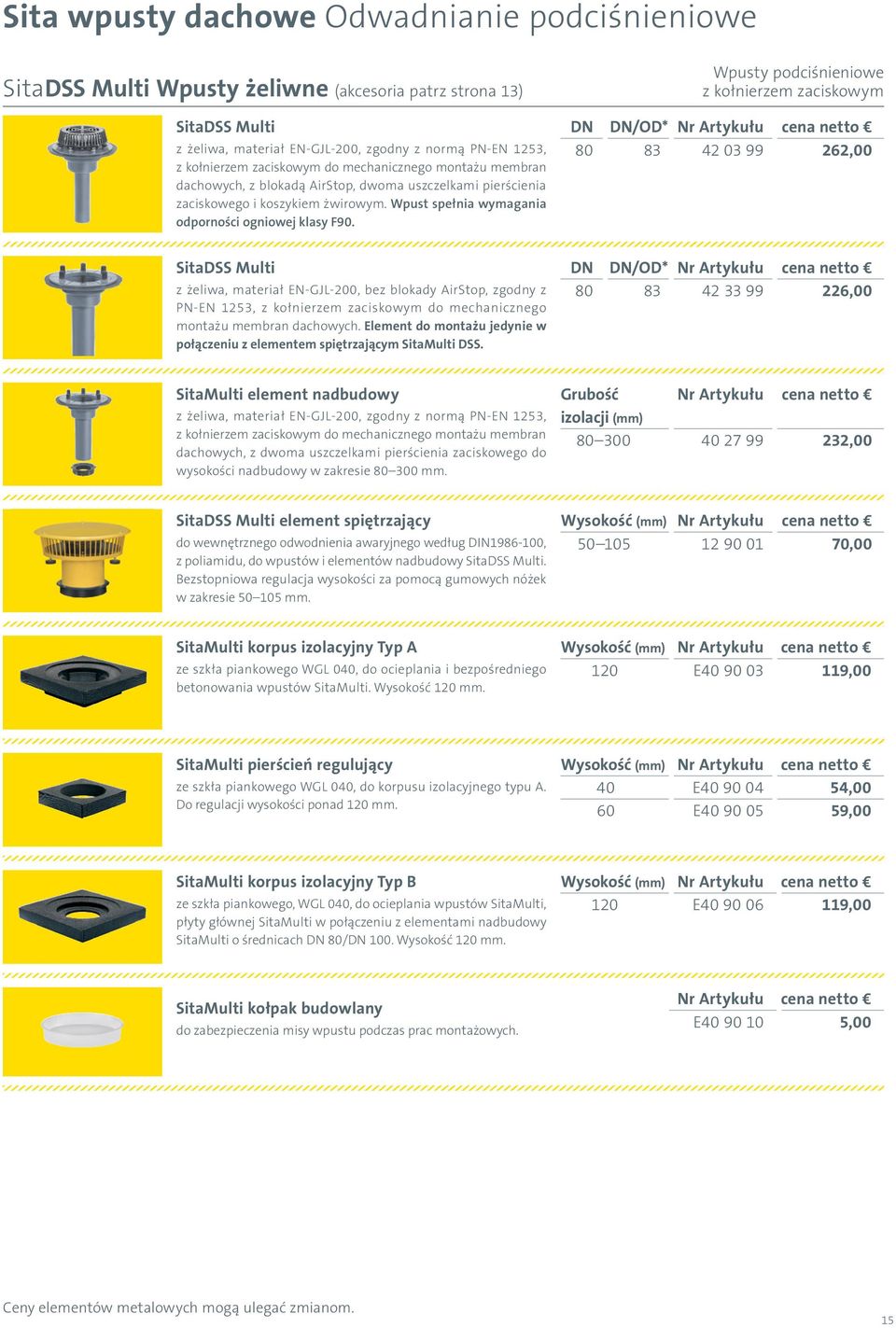 Wpusty podciśnieniowe z kołnierzem zaciskowym DN DN/OD* Nr Artykułu cena netto 80 83 42 03 99 262,00 SitaDSS Multi z żeliwa, materiał EN-GJL-200, bez blokady AirStop, zgodny z PN-EN 1253, z