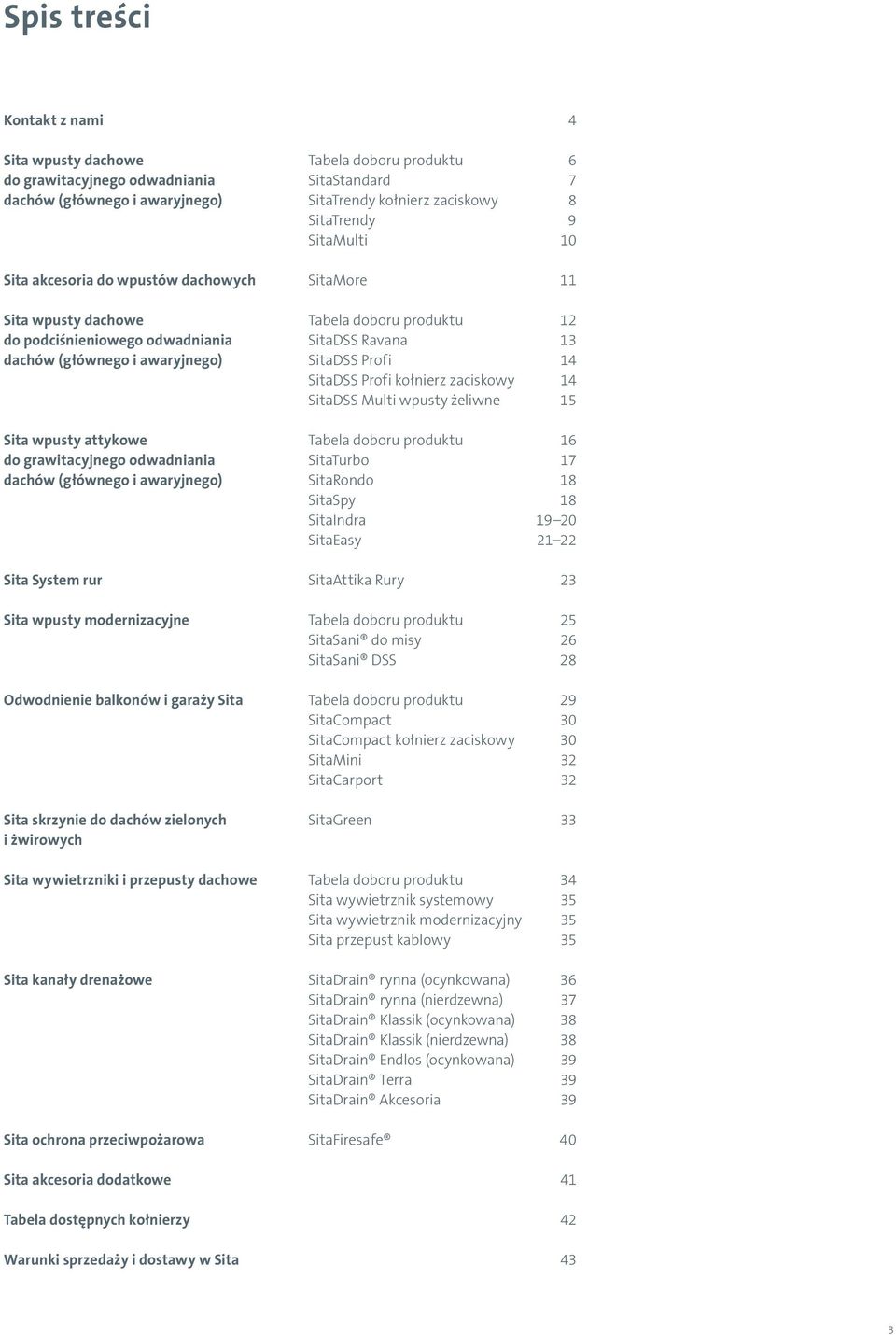 Profi 14 SitaDSS Profi kołnierz zaciskowy 14 SitaDSS Multi wpusty żeliwne 15 Sita wpusty attykowe Tabela doboru produktu 16 do grawitacyjnego odwadniania SitaTurbo 17 dachów (głównego i awaryjnego)