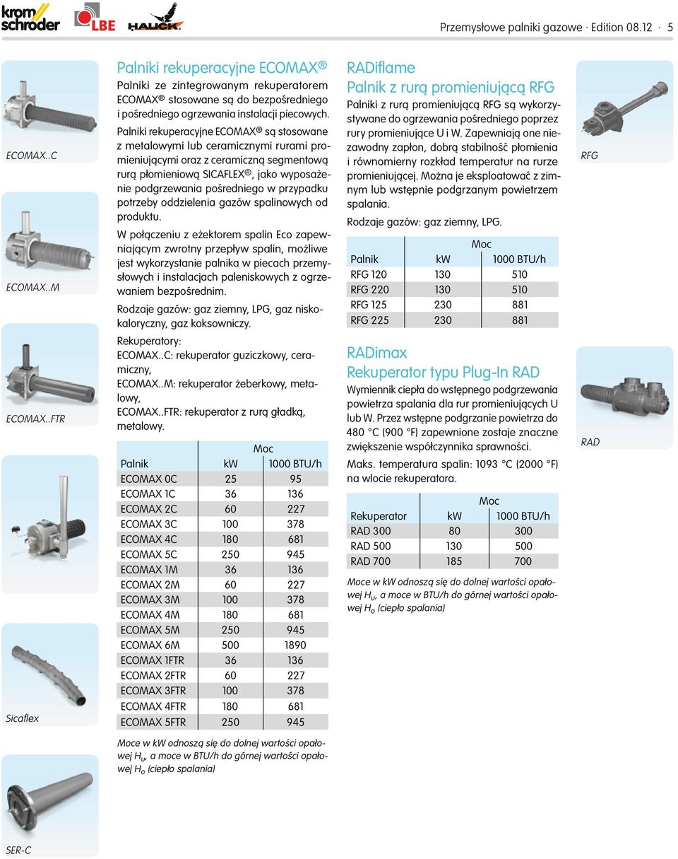 Palniki rekuperacyjne ECOMAX są stosowane z metalowymi lub ceramicznymi rurami promieniującymi oraz z ceramiczną segmentową rurą płomieniową SICAFLEX, jako wyposażenie podgrzewania pośredniego w