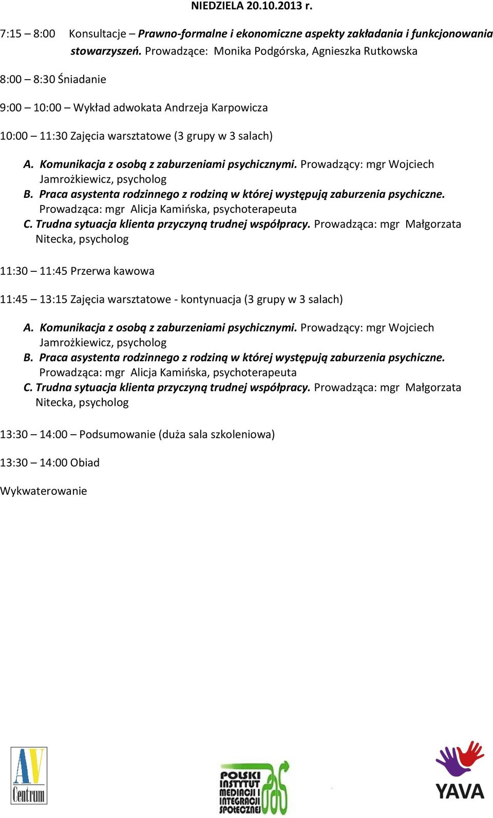 Komunikacja z osobą z zaburzeniami psychicznymi. Prowadzący: mgr Wojciech B. Praca asystenta rodzinnego z rodziną w której występują zaburzenia psychiczne. C.