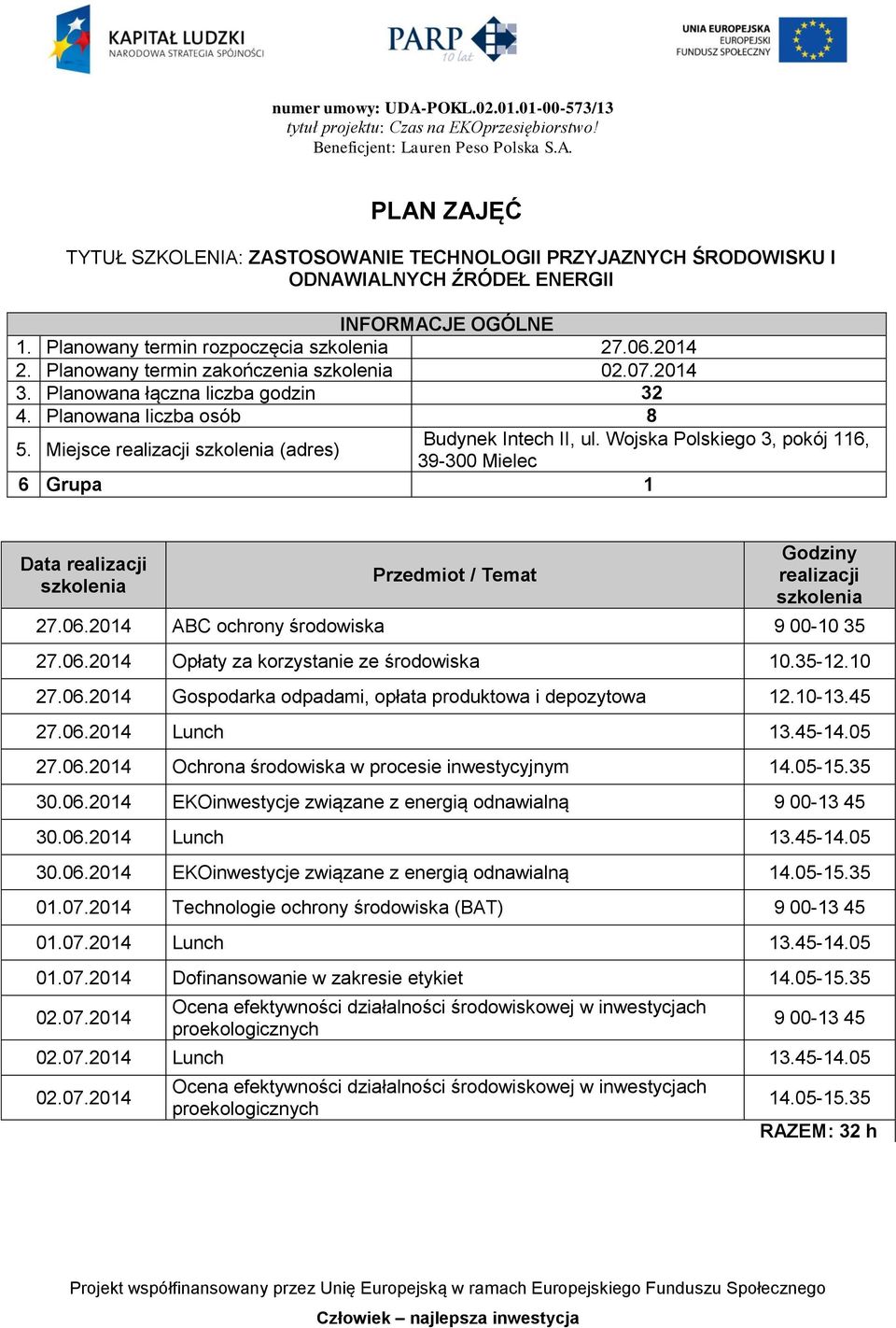 10-13.45 27.06.2014 Lunch 13.45-14.05 27.06.2014 Ochrona środowiska w procesie inwestycyjnym 30.06.2014 EKOinwestycje związane z energią odnawialną 30.06.2014 Lunch 13.45-14.05 30.06.2014 EKOinwestycje związane z energią odnawialną 01.