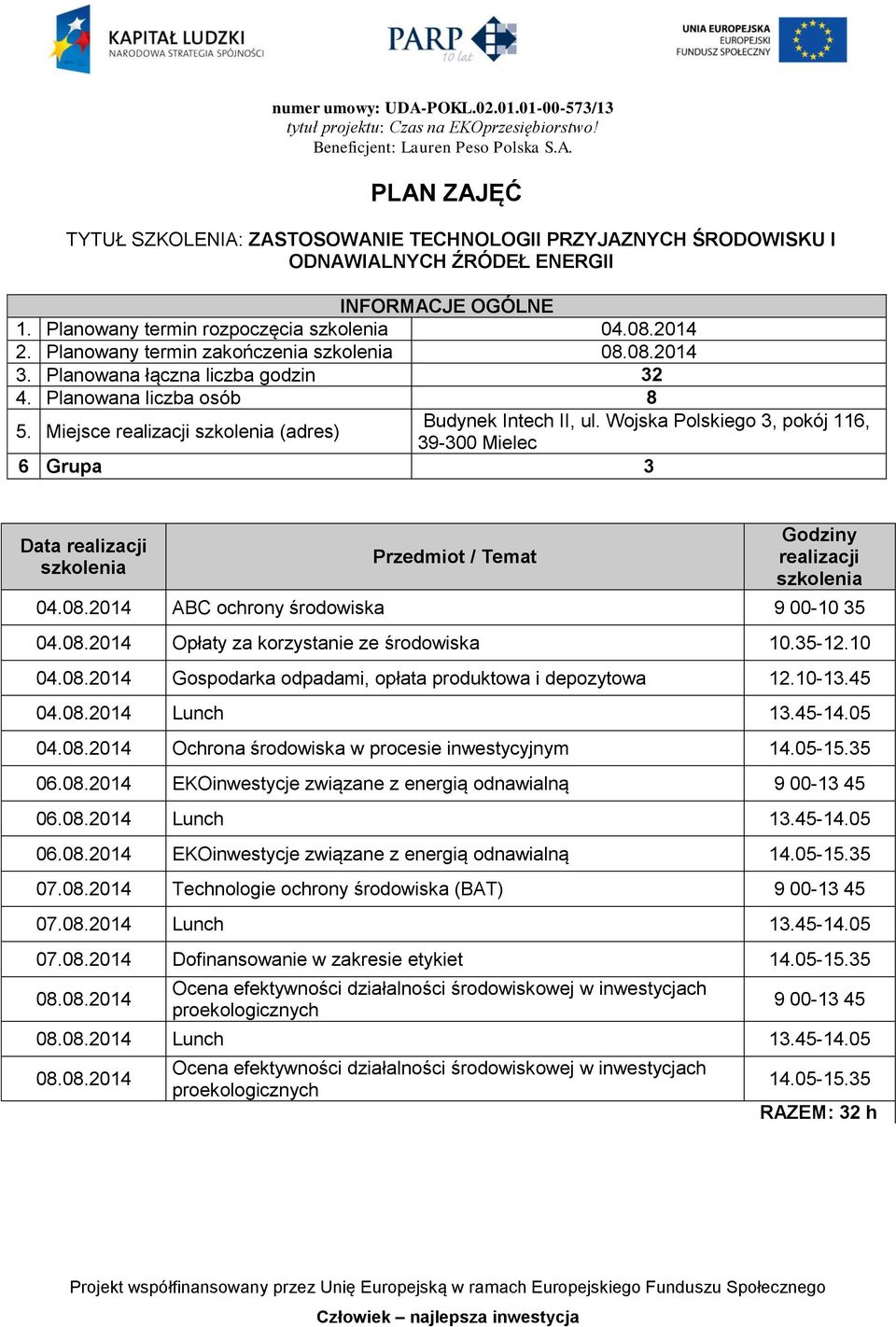 10-13.45 04.08.2014 Lunch 13.45-14.05 04.08.2014 Ochrona środowiska w procesie inwestycyjnym 06.08.2014 EKOinwestycje związane z energią odnawialną 06.08.2014 Lunch 13.45-14.05 06.08.2014 EKOinwestycje związane z energią odnawialną 07.