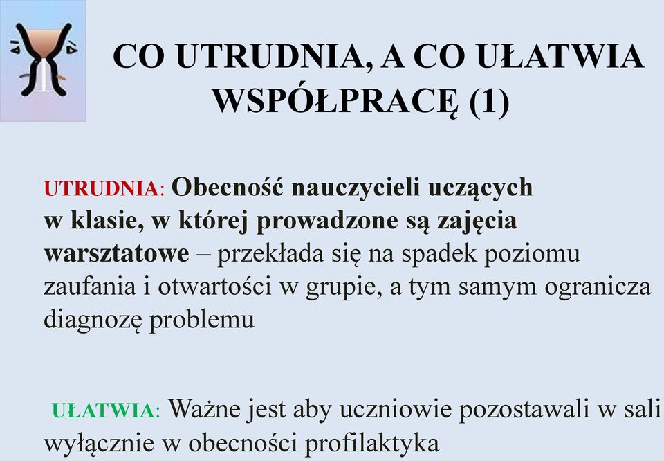 poziomu zaufania i otwartości w grupie, a tym samym ogranicza diagnozę problemu