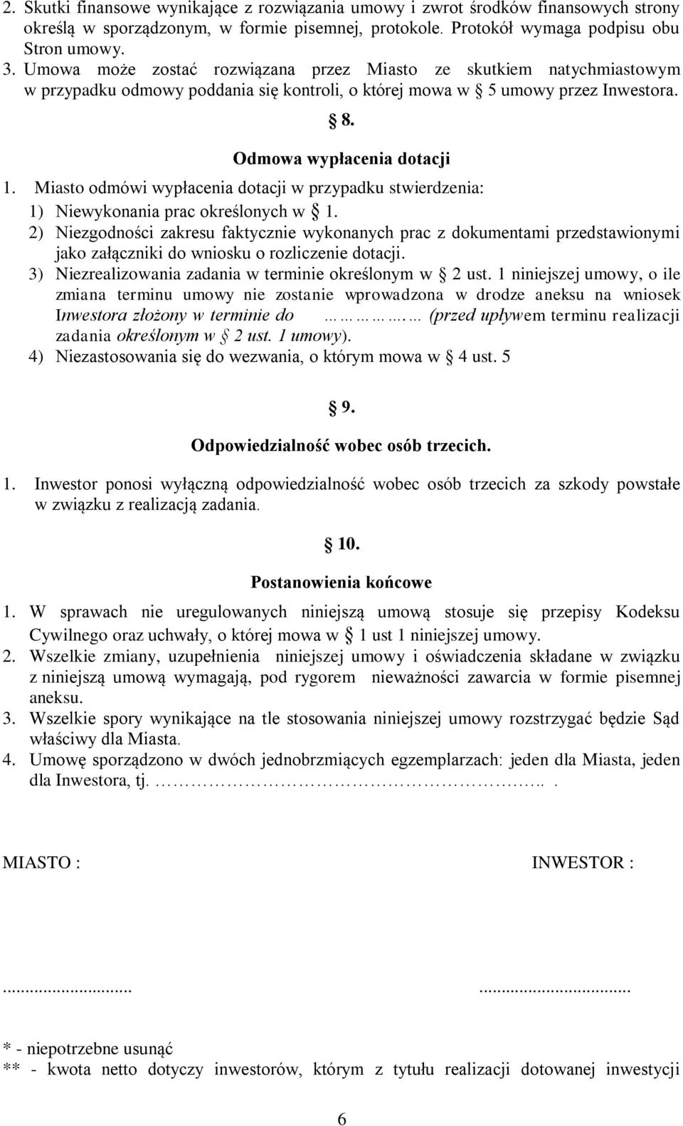 Miasto odmówi wypłacenia dotacji w przypadku stwierdzenia: 1) Niewykonania prac określonych w 1.