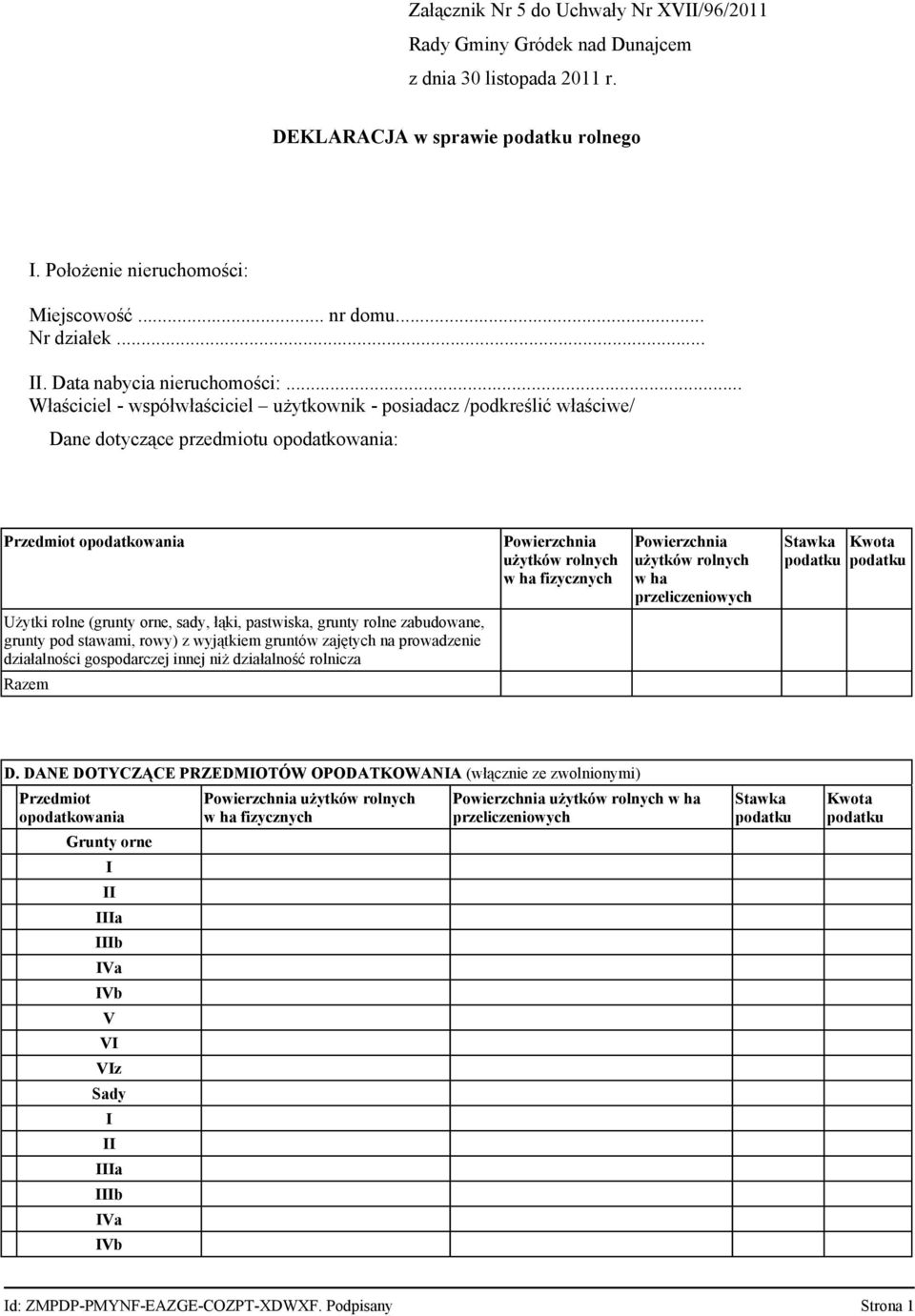 .. Właściciel - współwłaściciel użytkownik - posiadacz /podkreślić właściwe/ Dane dotyczące przedmiotu opodatkowania: Przedmiot opodatkowania Użytki rolne (grunty orne, sady, łąki, pastwiska, grunty