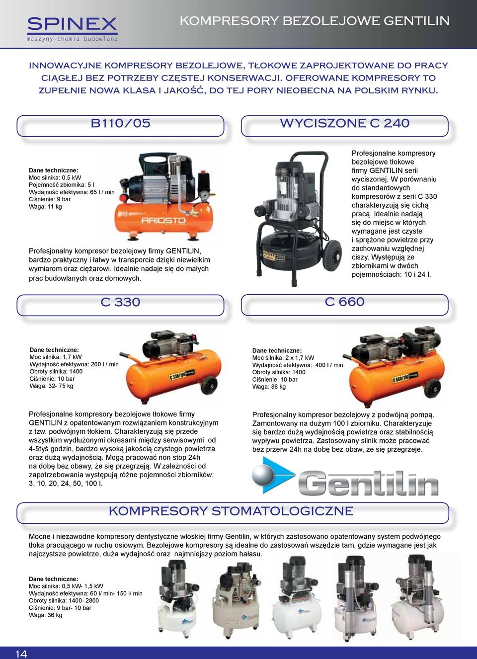 B110/05 WYCISZONE C 240 Moc silnika: 0,5 kw Pojemność zbiornika: 5 l Wydajność efektywna: 65 l / min Ciśnienie: 9 bar Waga: 11 kg Profesjonalny kompresor bezolejowy firmy GENTILIN, bardzo praktyczny