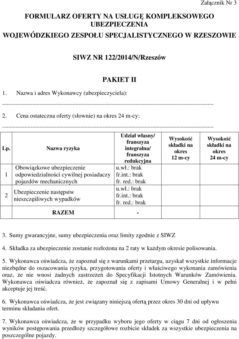 1 2 Nazwa ryzyka Obowiązkowe ubezpieczenie odpowiedzialności cywilnej posiadaczy pojazdów mechanicznych Ubezpieczenie następstw nieszczęśliwych wypadków Udział własny/ franszyza integralna/ franszyza