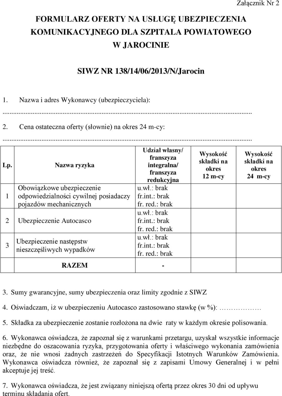 1 Nazwa ryzyka Obowiązkowe ubezpieczenie odpowiedzialności cywilnej posiadaczy pojazdów mechanicznych 2 Ubezpieczenie Autocasco 3 Ubezpieczenie następstw nieszczęśliwych wypadków Udział własny/