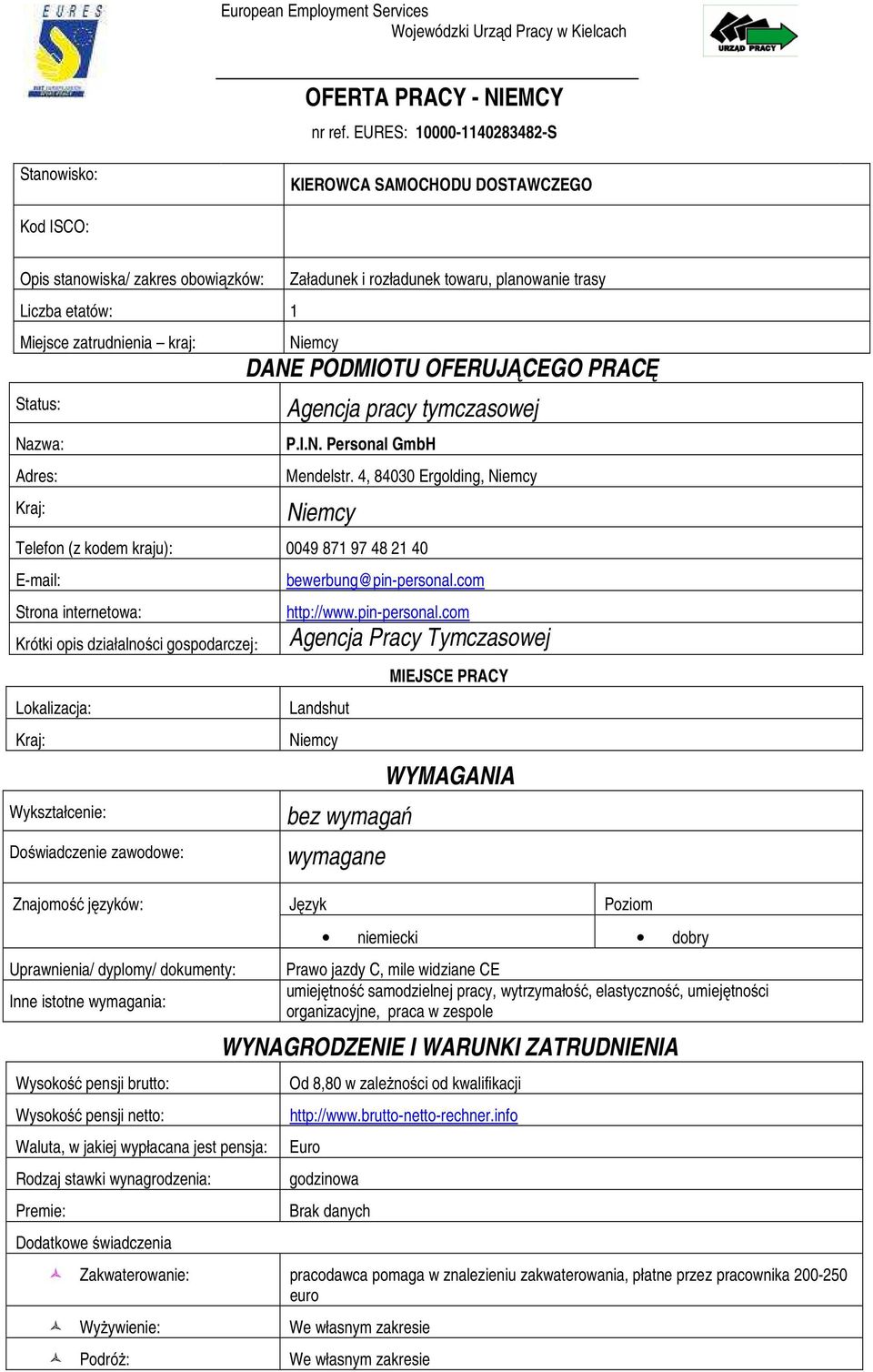 rozładunek towaru, planowanie trasy DANE PODMIOTU OFERUJĄCEGO PRACĘ Agencja pracy tymczasowej P.I.N. Personal GmbH Mendelstr.