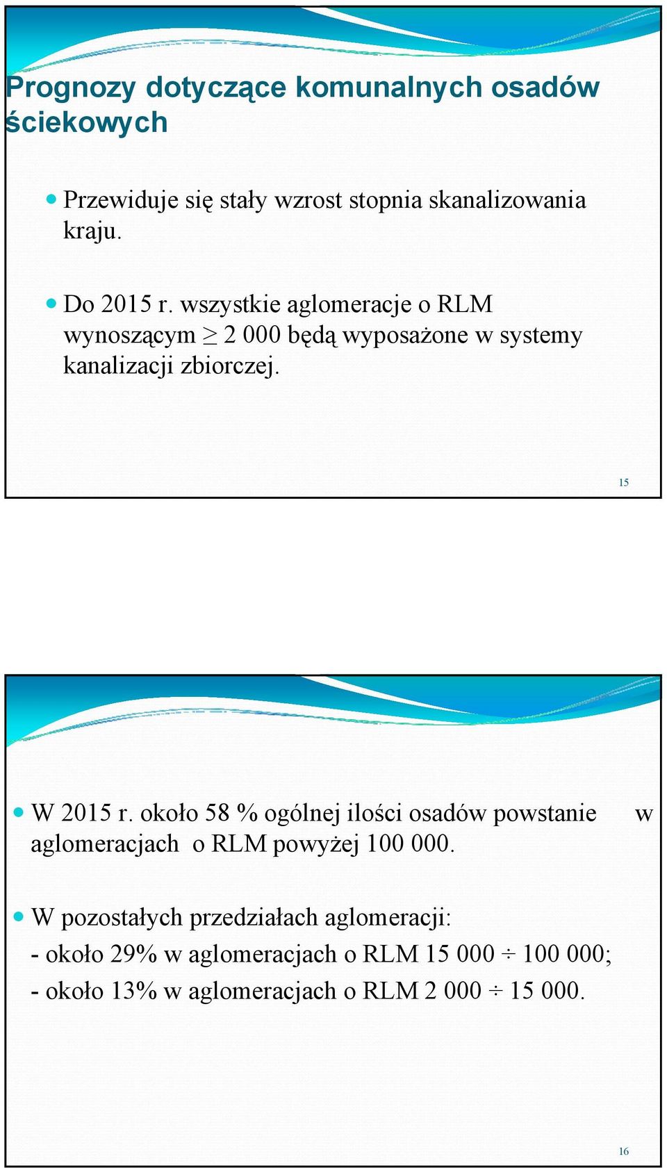 15 W 2015 r. około 58 % ogólnej ilości osadów powstanie aglomeracjach o RLM powyżej 100 000.