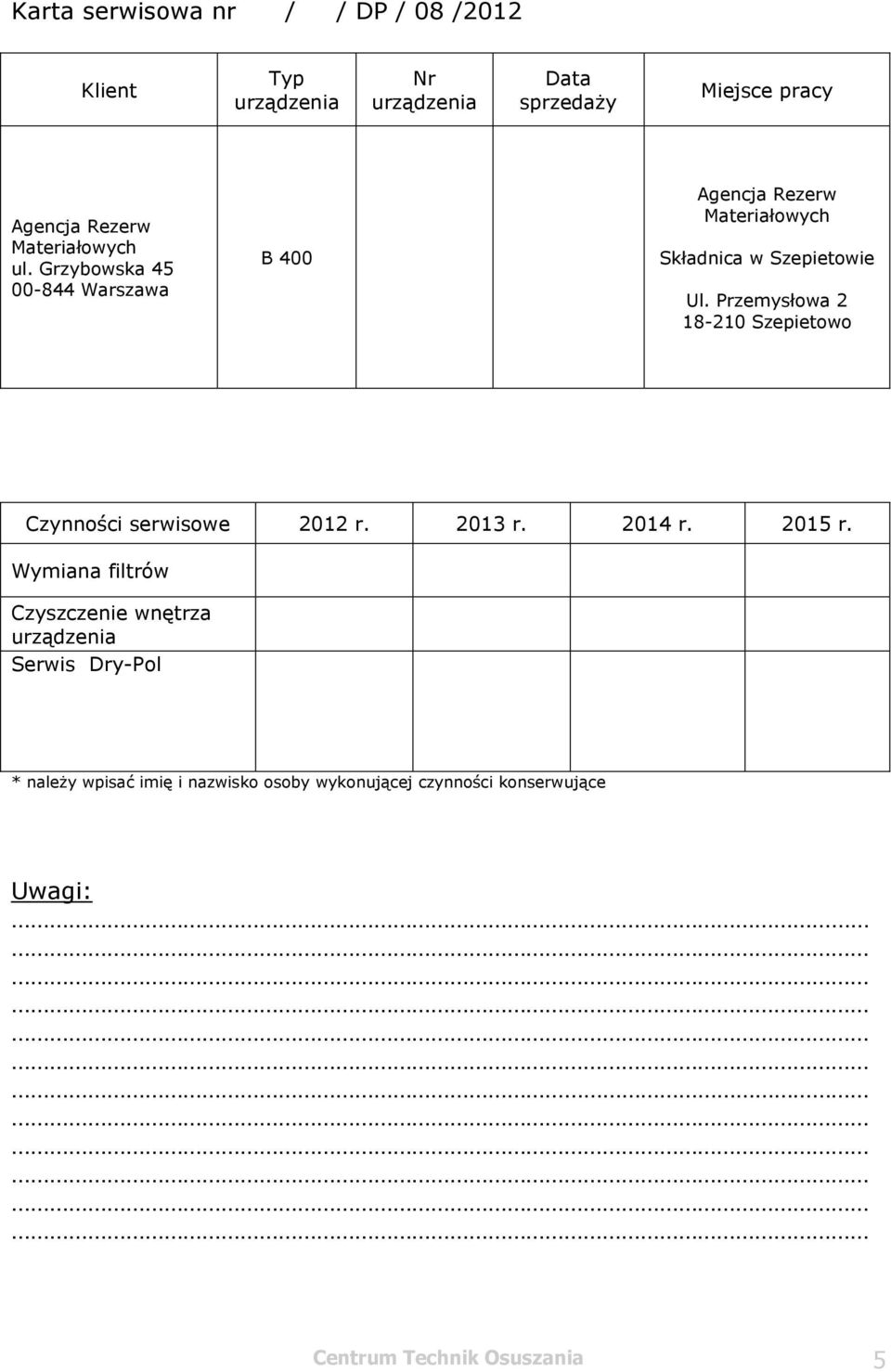 Przemysłowa 2 18-210 Szepietowo Czynności serwisowe 2012 r. 2013 r. 2014 r. 2015 r.