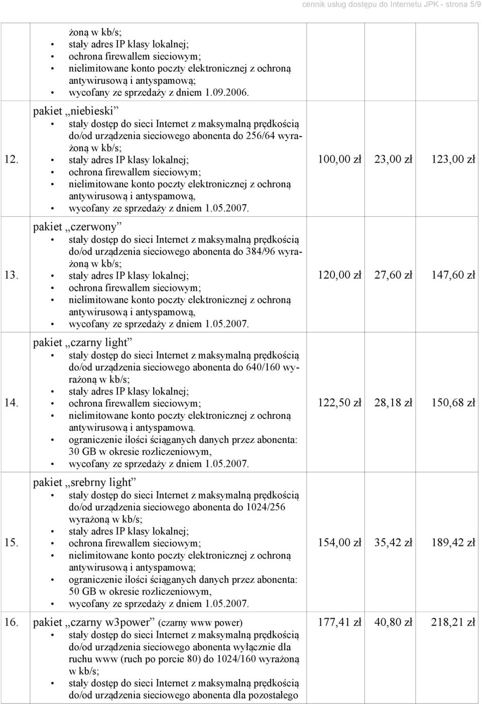 pakiet czerwony do/od urządzenia sieciowego abonenta do 384/96 wyrażoną antywirusową i antyspamową, wycofany ze sprzedaży z dniem 1.05.2007.