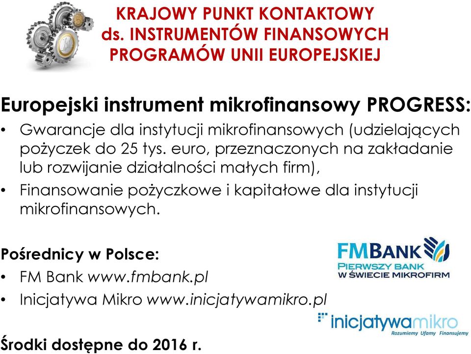 euro, przeznaczonych na zakładanie lub rozwijanie działalności małych firm), Finansowanie