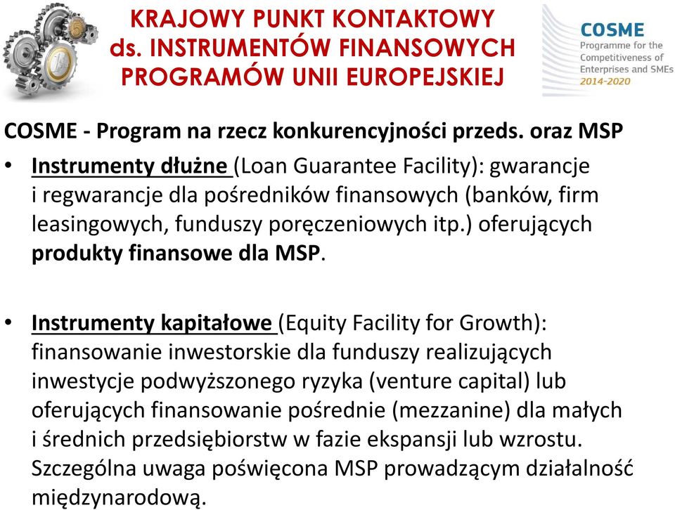 poręczeniowych itp.) oferujących produkty finansowe dla MSP.