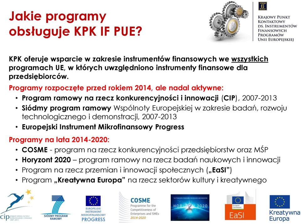 rozwoju technologicznego i demonstracji, 2007-2013 Europejski Instrument Mikrofinansowy Progress Programy na lata 2014-2020: COSME - program na rzecz konkurencyjności przedsiębiorstw oraz