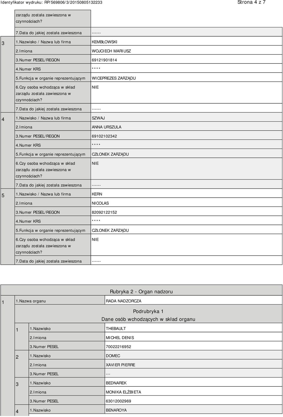 Numer PESEL/REGON 82092122152 CZŁONEK ZARZĄDU Rubryka 2 - Organ nadzoru 1 1.