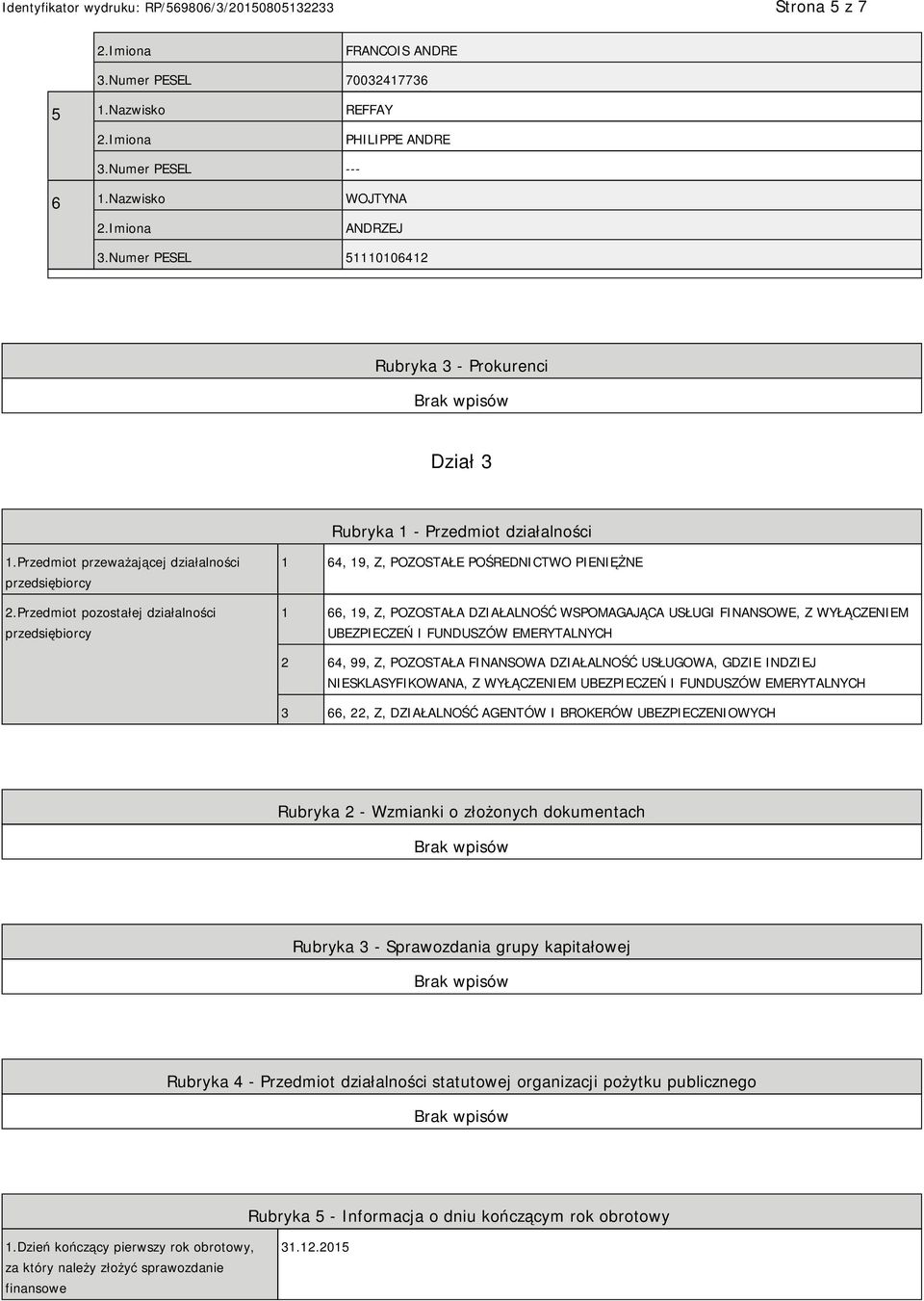 Przedmiot pozostałej działalności przedsiębiorcy 1 64, 19, Z, POZOSTAŁE POŚREDNICTWO PIENIĘŻNE 1 66, 19, Z, POZOSTAŁA DZIAŁALNOŚĆ WSPOMAGAJĄCA USŁUGI FINANSOWE, Z WYŁĄCZEM UBEZPIECZEŃ I FUNDUSZÓW