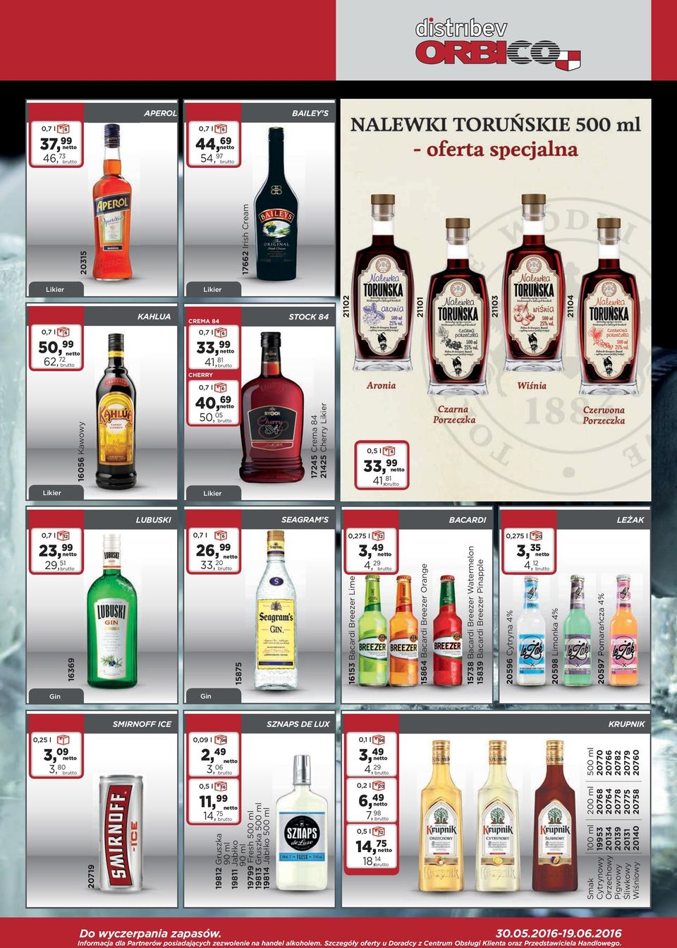 Bacardi Breezer Pinapple 59 Cytryna 4% 598 Limonka 4% 597 Pomarańcza 4% Gin Gin SMIRNOFF ICE SZNAPS DE LUX KRUPNIK 0,25 l 09 80 719 0,09 l 9 2, 49 0 1 11, 14, 75 198 Gruszka 90 ml 19811 Jabłko 90 ml